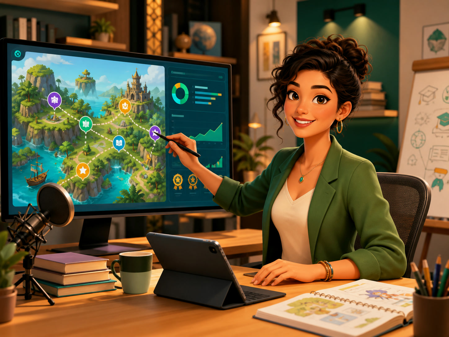 Professora criando uma jornada de aprendizagem jog&aacute;vel