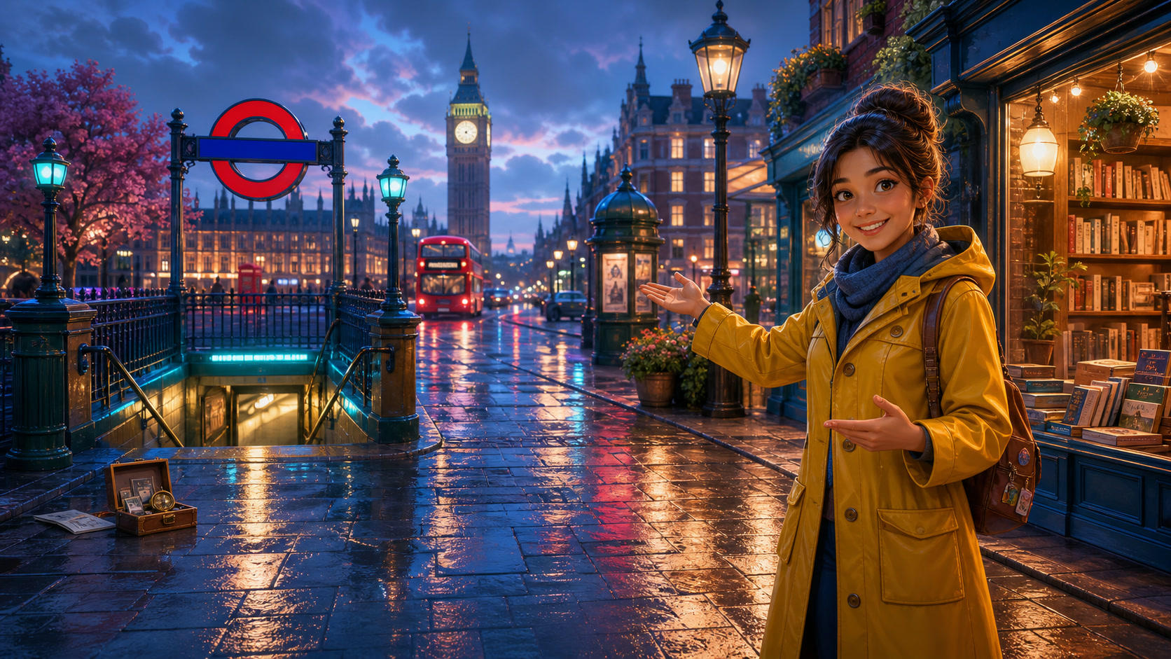 Rua de Londres ao entardecer, com metr&ocirc;, &ocirc;nibus, Big Ben e a personagem Maya